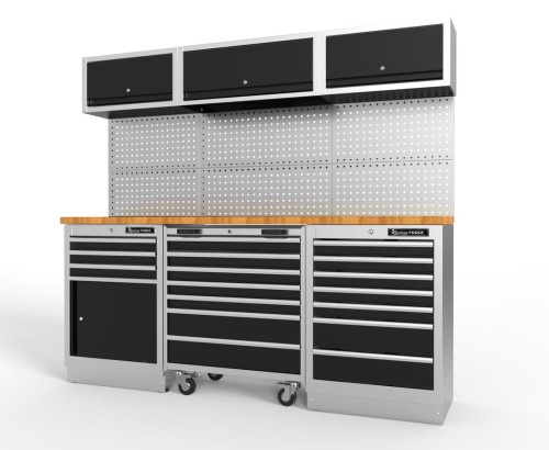 Wnętrze warsztatowe, 3 moduły z drewnianego blatem roboczym