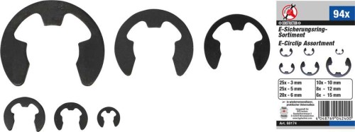 Zawleczki typu E-clip 3-15 mm, 94 szt.