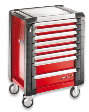 WÓZEK WARSZTATOWY JET+ Z 8 SZUFLADAMI, czerwony + WÓZEK Z 15 MODUŁAMI - 146 NARZĘDZI