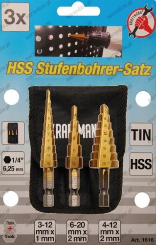 B.1616 Wiertła stopniowe 4-20 mm, 3 szt.