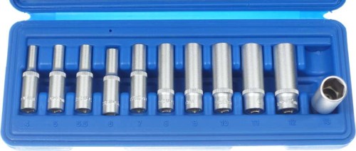 Nasadki  długie  6-kątne,  1/4", 4-13 mm, 11 szt.