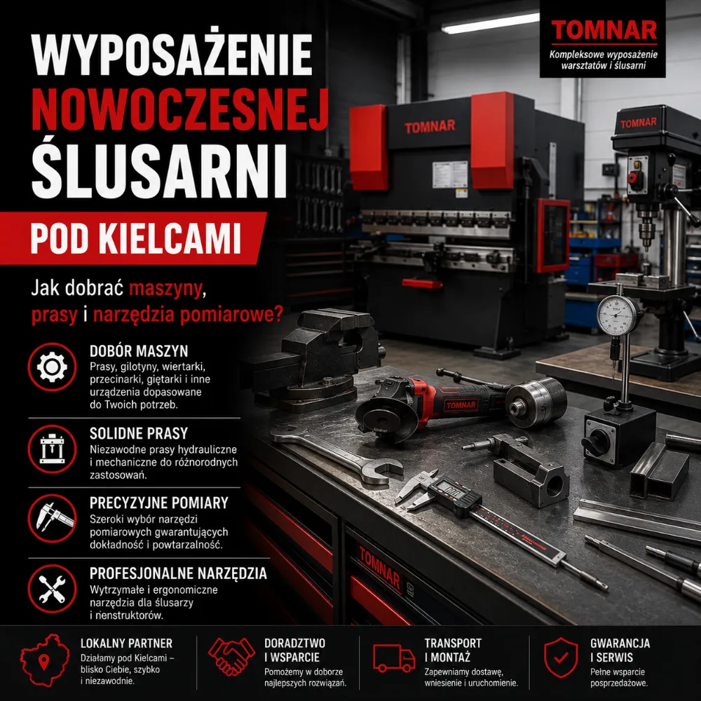 Wyposażenie nowoczesnej ślusarni pod Kielcami. Jak dobrać maszyny, prasy i narzędzia pomiarowe?